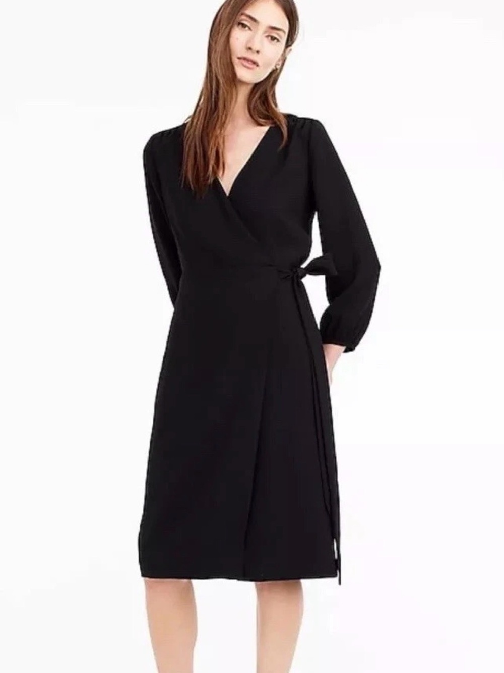 JCrew Crepe Black Wrap Midi Dress with Tie Waist